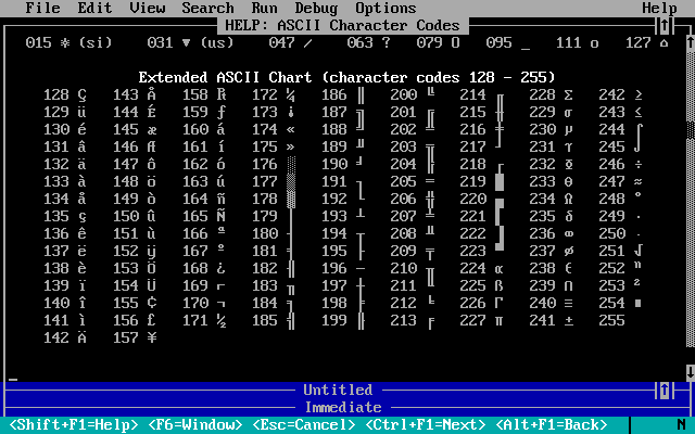 ASCII Character Codes 128-255