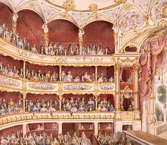 watercolour showing interior of theatre, with autidorium to the left and stage to the right