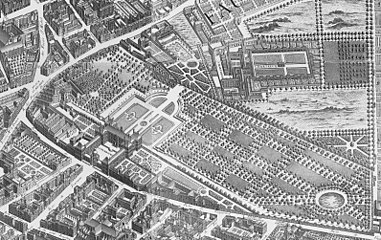 Vue du palais sur le plan de Turgot, 1739. La Chartreuse de Paris, détruite durant la Révolution française, est visible au sud.