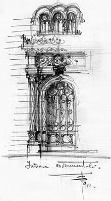 Schiță a unei intrări monumentale. Fragment din caietul de schițe al lui Toma T. Socolescu.