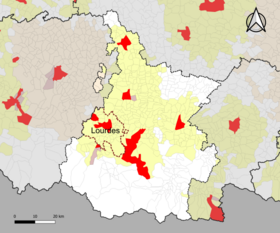 Localisation de l'aire d'attraction de Lourdes dans le département des Hautes-Pyrénées.