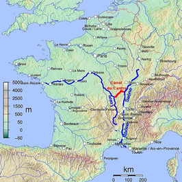 kaart van Frankrijk met de Loire en de Saône/beneden-Rhône in blauw, het kanaal in rood