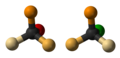 The three steps of an SN2 reaction. The nucleophile is green and the leaving group is red