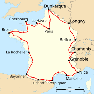 Map of France with the route of the 1911 Tour de France on it, showing that the race started in Paris, went clockwise through France and ended in Paris after fifteen stages.