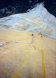 Looking down the face of a big-wall climb