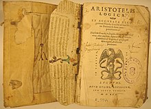 Front cover of book, titled "Aristotelis Logica", with an illustration of eagle on a snake