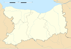 Mapa konturowa Calvados, po lewej nieco na dole znajduje się punkt z opisem „Le Mesnil-Auzouf”