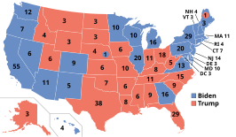 De gekleurde rondjes in de staten Maine en Nebraska geven de uitslag in het in dat deel van de staat gelegen congresdistrict aan, die afwijkt van de uitslag voor de staat als geheel.