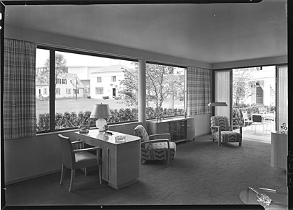 Living room of the House of Glass, showing what future homes would look like