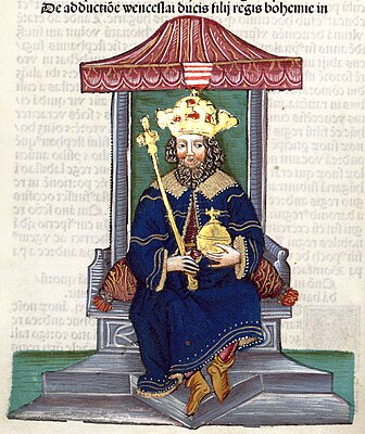 Chronica Hungarorum, Thuróczy chronicle, King Wenceslaus of Hungary, throne, crown, orb, scepter, medieval, Hungarian chronicle, book, illustration, history