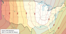 Map of lower-48 states, color-coded to indicate differences; an area around Indiana is at zero; the east coast is generally between {{convert