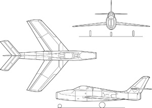 Třípohledový výkres letounu Republic F-84F Thunderstreak.