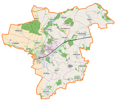 Mapa konturowa gminy Żarów, blisko centrum na lewo znajduje się punkt z opisem „Most w Łażanach”