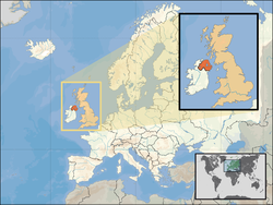 In orange is Northern Ireland And a lighter peach orange colour is the United Kingdom and the white is the rest of the European continent.