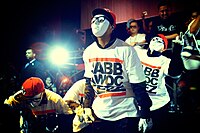 The hip-hop dance crew JabbaWockeeZ performing in a night club.