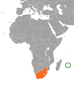 Map indicating locations of Mauritius and South Africa