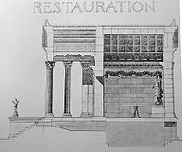 Cutaway reconstruction drawing by E. Hébrard, showing the temple's vaulted interior.