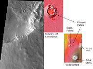 Ulysses Tholus, with its location in relation to other volcanoes shown (photo by THEMIS).