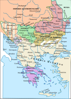 La mengua del imperio en los Balcanes: la situación en 1856 tras la guerra de Crimea, con territorios autónomos, y en 1878, tras el Congreso de Berlín, en el que varios se independizaron, otros obtuvieron una amplia autonomía y algunos fueron ocupados.