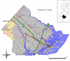 Location of Buena Vista Township in Atlantic County highlighted in yellow (left). Inset map: Location of Atlantic County in New Jersey highlighted in black (right).