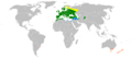 Yellow: breeding summer visitor. Green: breeding resident. Blue: non-breeding winter visitor. Orange: human-introduced populations.