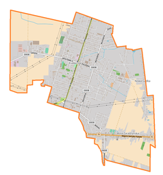 Mapa konturowa gminy Ksawerów, blisko centrum u góry znajduje się punkt z opisem „Ksawerów”