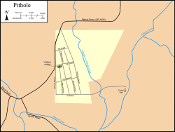 Map of Pithole and the surrounding area showing the city streets and Frazier Well, overlaid with modern roads and creeks