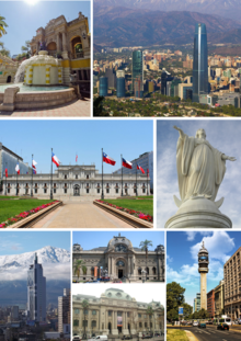 Collage of Santiago, left to right, top to bottom: Cerro Santa Lucía, panoramic view of Santiago, La Moneda, Statue of the Immaculate Conception, Torre Entel, National Museum of Fine Arts and National Library of Chile, Torre Telefónica, San Francisco Church and Estación Central Santiago Metro station and Railway Station.