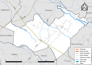 Carte en couleur présentant le réseau hydrographique de la commune