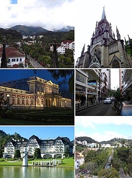 Do alto, da esquerda para a direita: Vista lateral da Catedral São Pedro de Alcântara, Catedral de Petrópolis, Museu Imperial, Rua 16 de Março, Palácio Quitandinha, e Vista aérea da cidade.