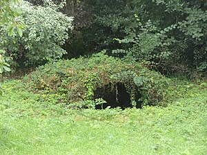 Photographie en couleurs d'une arche en pierre isolée dans la végétation d'un parc.