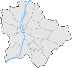 Mapa konturowa Budapesztu, blisko centrum na dole znajduje się punkt z opisem „Bozsik Aréna”