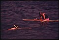 A snorkeler and surfer at the beach in September 1974