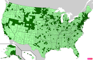 Counties in the United States by median family household income according to the U.S. Census Bureau American Community Survey 2013–2017 5-Year Estimates.[258] Counties with median family household incomes higher than the United States as a whole are in full green.