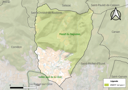 Carte des ZNIEFF de type 2 sur la commune.