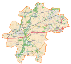 Mapa konturowa gminy Kąty Wrocławskie, u góry po prawej znajduje się punkt z opisem „Zamek w Smolcu”