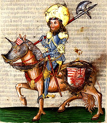 Chronica Hungarorum, Thuróczy chronicle, King Saint Ladislaus of Hungary, holy, horse, axe, medieval, Hungarian coat of arms, Hungarian chronicle, book, illustration, history