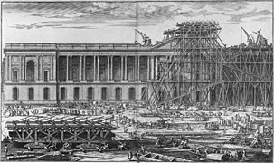 Construction du fronton de la colonnade, gravure de Sébastien Leclerc.