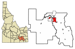 Location of Pocatello in Bannock County and Power County, Idaho.