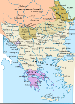 La mengua del imperio en los Balcanes: la situación en 1856 tras la guerra de Crimea, con territorios autónomos, y en 1878, tras el Congreso de Berlín, en el que varios se independizaron, otros obtuvieron una amplia autonomía y algunos fueron ocupados.