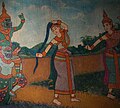 Wat Phnom Mural: Phra Mae Thorani placing herself between the demons and Gautama Buddha