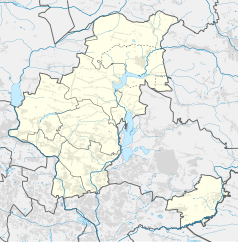 Mapa konturowa powiatu będzińskiego, na dole nieco na lewo znajduje się punkt z opisem „Będzin Miasto”