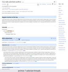 Screenshot of usage of user script Archiver on a sandbox page. Several threads are selected for archival. Mouse cursor is hovering over the [archive] button near the heading of section titled "With subsections".