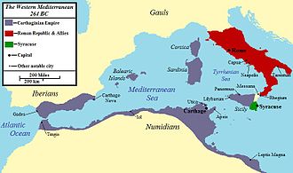 a colour of the western Mediterranean region showing the areas under Roman and Carthaginian control in 264 BC