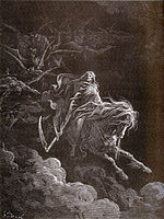 Le quatrième cavalier de l'Apocalypse, Mort, sur le cheval pâle - Gravure de Gustave Doré (1865).