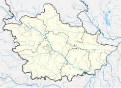 Mapa konturowa powiatu kazimierskiego, po lewej nieco na dole znajduje się punkt z opisem „Gunów-Kolonia”