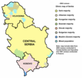 Serbs in Serbia as per 2002 census data for Central Serbia and Vojvodina, and 1991 census data for Kosovo