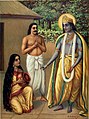 Krishna presents Draupadi with Akshaya Patra on Akshaya Tritiya during the exile of the Pandavas to the forest.