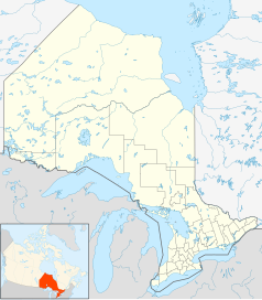 Mapa konturowa Ontario, na dole nieco na prawo znajduje się punkt z opisem „London”