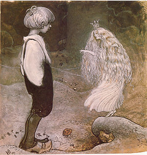 "Pendent un instant, s'auie transformat en ua menuda e deliciosament polida hada". Illustracion d'Alfred Smedberg entà Set desirs de gnoms e tròls de John Bauer.